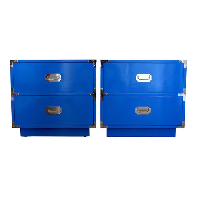 A pop of color for your bedroom, as side tables in your living space or pushed together as a media stand. These Dixie Campaigner chests have been freshly painted in a high gloss finish, Fine Paints of Europe in Benjamin Moore Big Country Blue, with original chrome plated campaign hardware. One drawer pull the chrome has flaked.