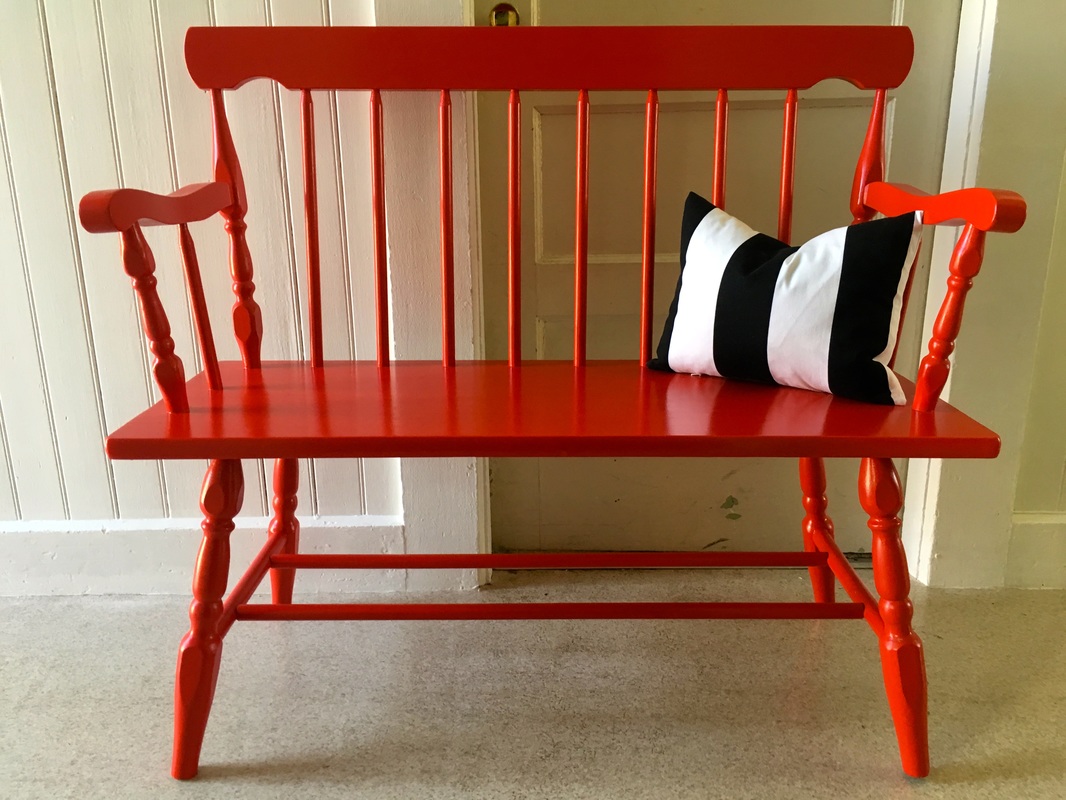 Glossy red wood benc, a painted furniture makeover