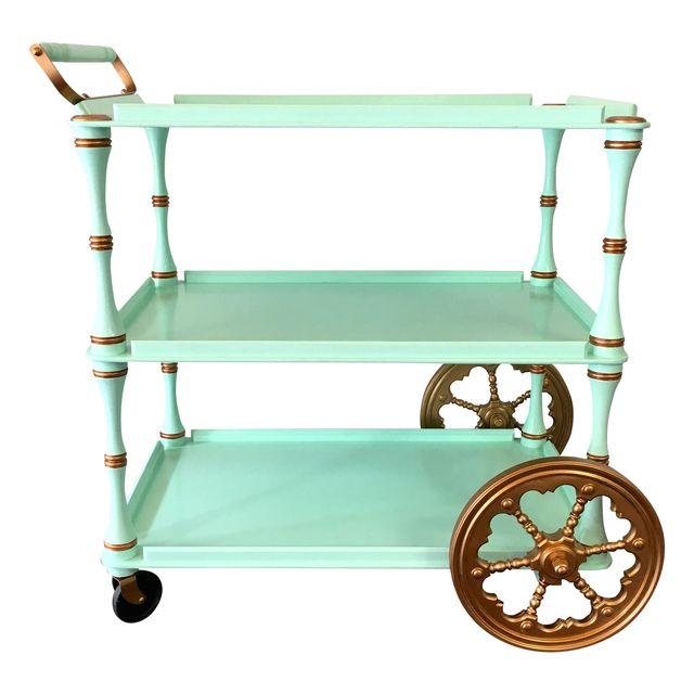 Vintage Painted Mint and Copper Bar Cart