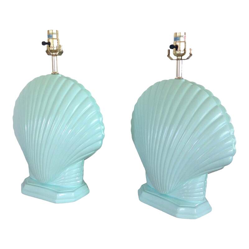 Beautiful clam shell plaster table lamps from the 1980's. Perfect for coastal decor, Hollywood Regency pop of color or Palm Springs style home. They have been refinished in Benjamin Moore Ocean Spray (2047-60) in a glossy finish and new felt base pads. 