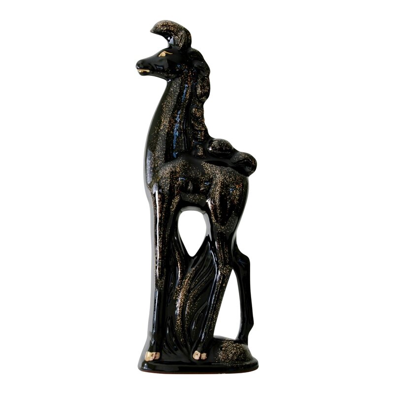 Gorgeous Art Deco black with gold accents ceramic horse figurine. Marked with Ries Japan on bottom. Dimensions: 4.25ʺW × 2ʺD × 13ʺH