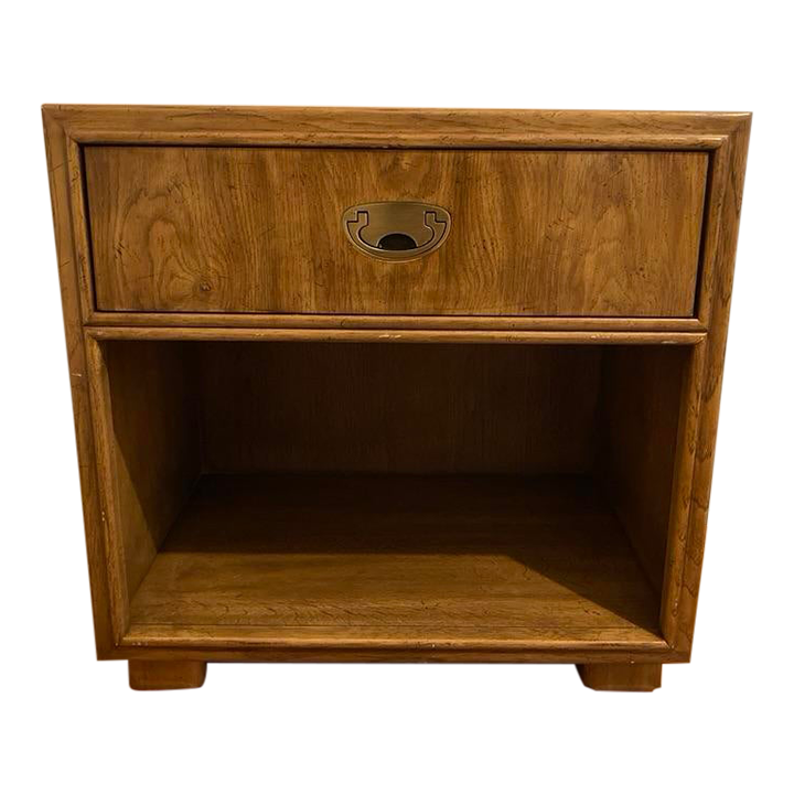 Solid wood mid century Passage by Drexel night stand with inset brass drawer pull and dovetail joints. 1 drawer, cubby, glass top included, drawer moves great. measures 25