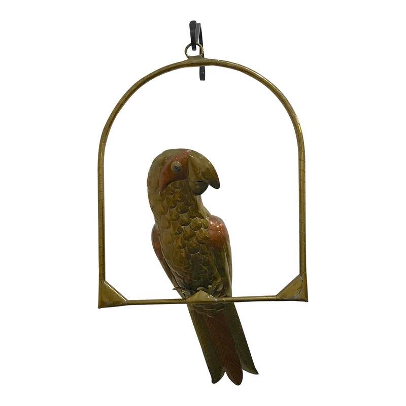 Unique brass and copper parrot on hanging perch sculpture by Sergio Bustamante. In original unpolished condition. Perch: 16