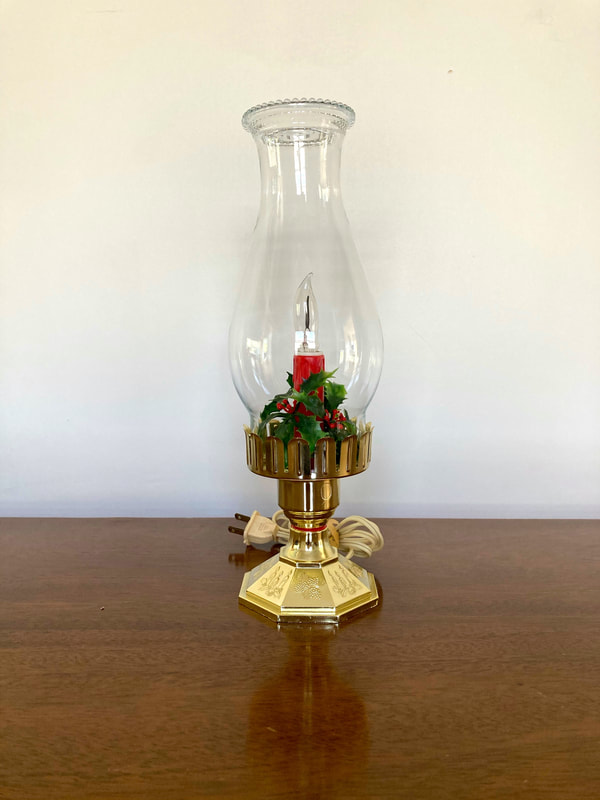 Vintage flameless candle with faux Holly Berries, gold plastic base, and glass removable hurricane. Original wiring in working condition.
