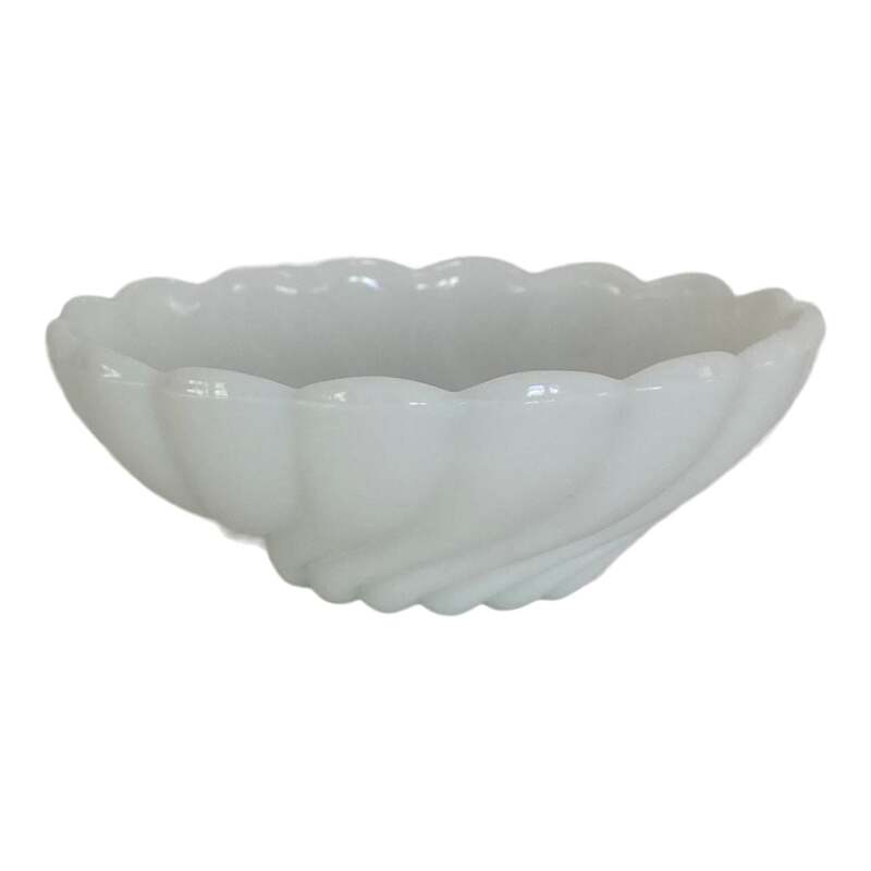 Vintage milk glass fruit or dessert bowl with scalloped edges, swirl design and pinwheel bottom. Made by Hazel-Atlas. Color: Alpine White. Made in the USA