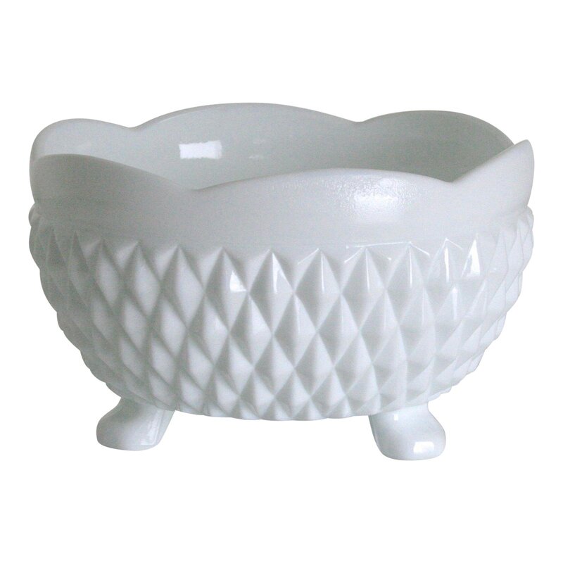 Cute small white milk glass dish with 3 feet. Perfect on your desk to corral paperclips and whatnots, as a place to hold your keys, on your nightstand for jewelry or on the coffee table holding treats or a collection of trinkets. You can even use it in the kitchen to serve nuts, spreads, etc. Dimensions: 5ʺW × 5ʺD × 3ʺH