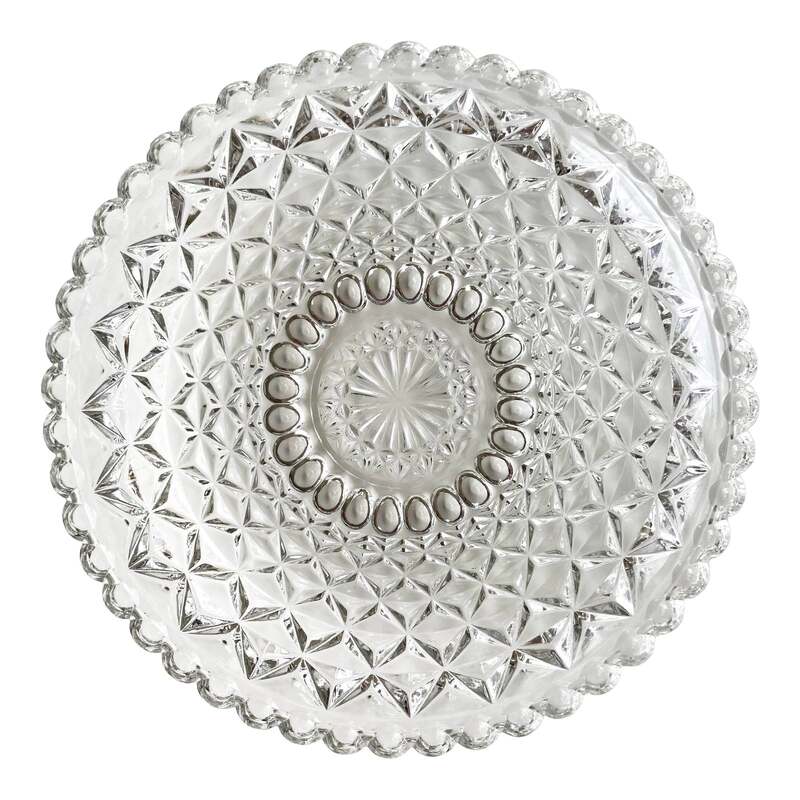 Vintage clear glass low bowl with geometric textured design on the outside. So many uses! Show off your collection of matches, display your jewelry, or use in the kitchen as a serving piece.